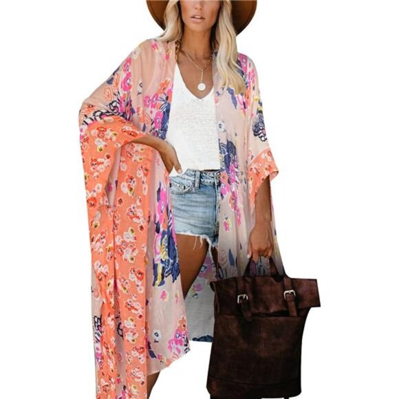 Rose Women's Beach Cover up Swimsuit Kimono with Bohemian Floral Print - Picture 1 of 7